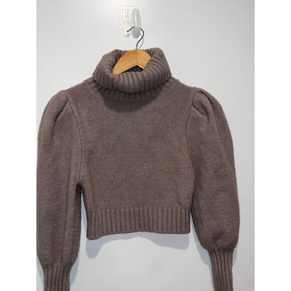 Zara Brown Cropped Turtleneck Puff Sleeves & Ribbed Cuffs Women's Sweater Size M - Picture 5 of 9